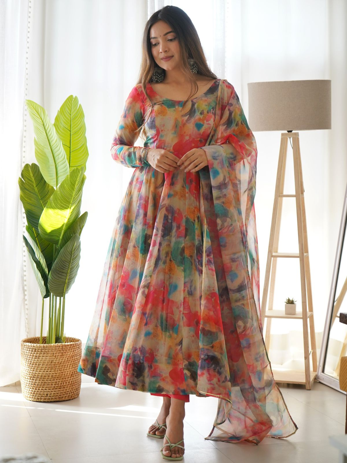 Multicolor Designer Tabby Organza Silk Printed Dress - Clothing Crown ...