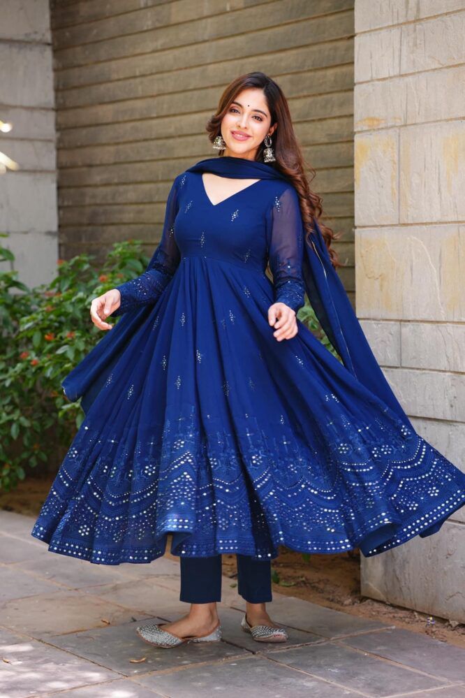 Blue georgette thread sequence work long anarkali gown | Long anarkali gown,  Anarkali gown, Long anarkali